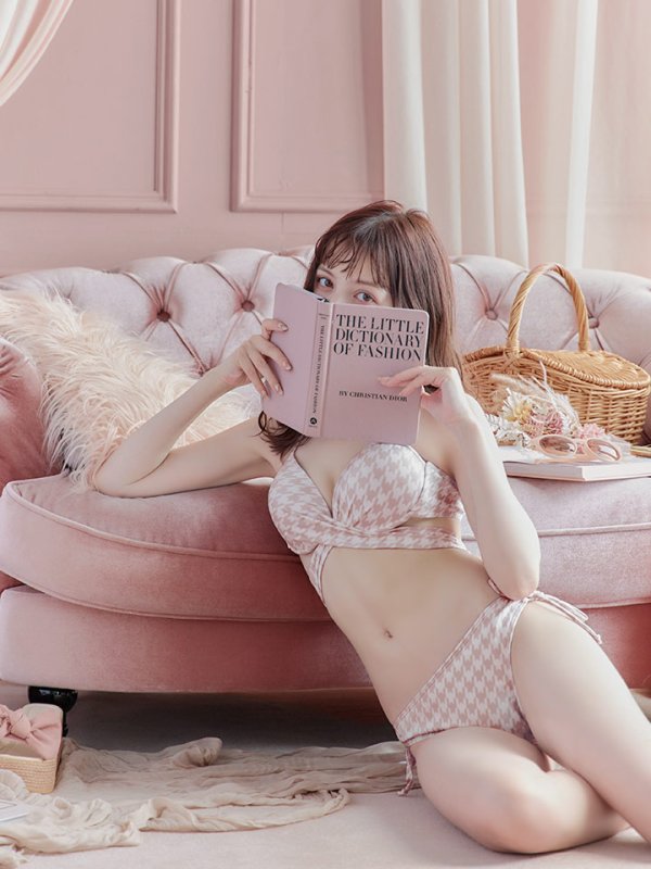 画像33: 【即日発送】【ビキニ】【水着】千鳥格子柄  バッククロスリボン クロスビキニ 2点セット[FB01]