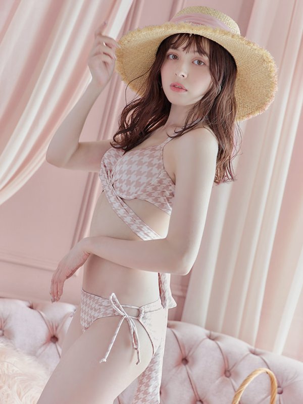 画像34: 【即日発送】【ビキニ】【水着】千鳥格子柄  バッククロスリボン クロスビキニ 2点セット[FB01]