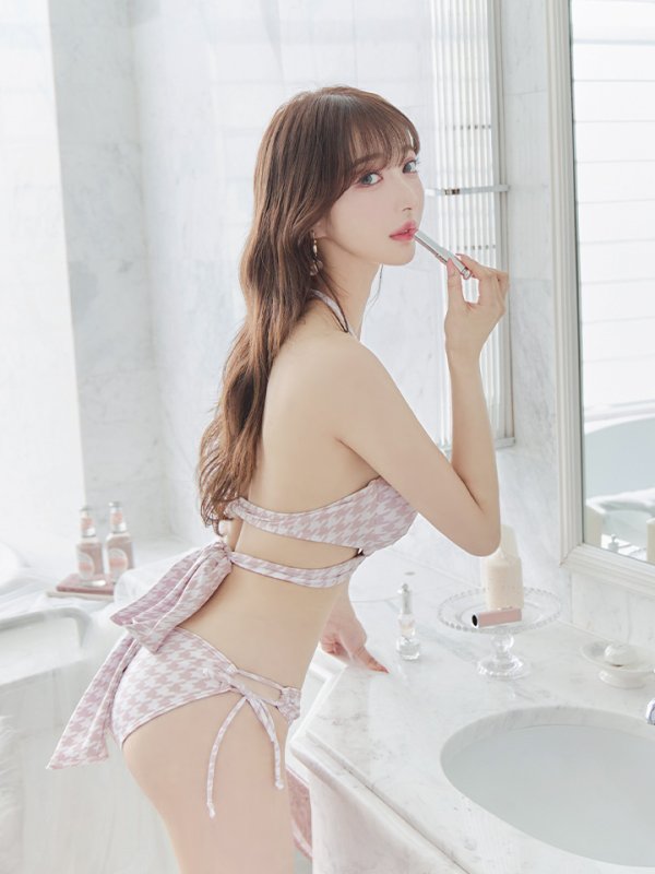 画像19: 【即日発送】【ビキニ】【水着】千鳥格子柄  バッククロスリボン クロスビキニ 2点セット[FB01]