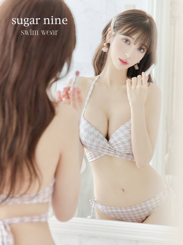 画像12: 【即日発送】【ビキニ】【水着】千鳥格子柄  バッククロスリボン クロスビキニ 2点セット[FB01]