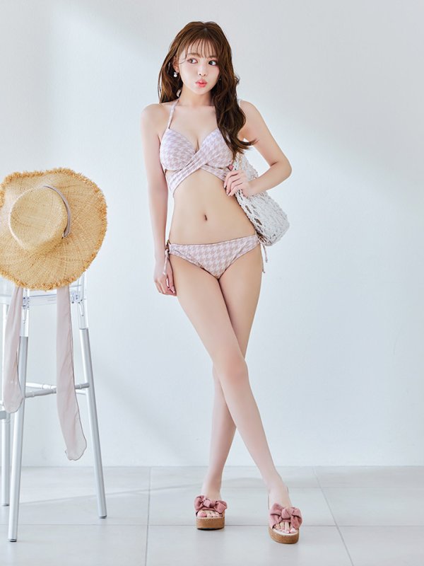 画像20: 【即日発送】【ビキニ】【水着】千鳥格子柄  バッククロスリボン クロスビキニ 2点セット[FB01]