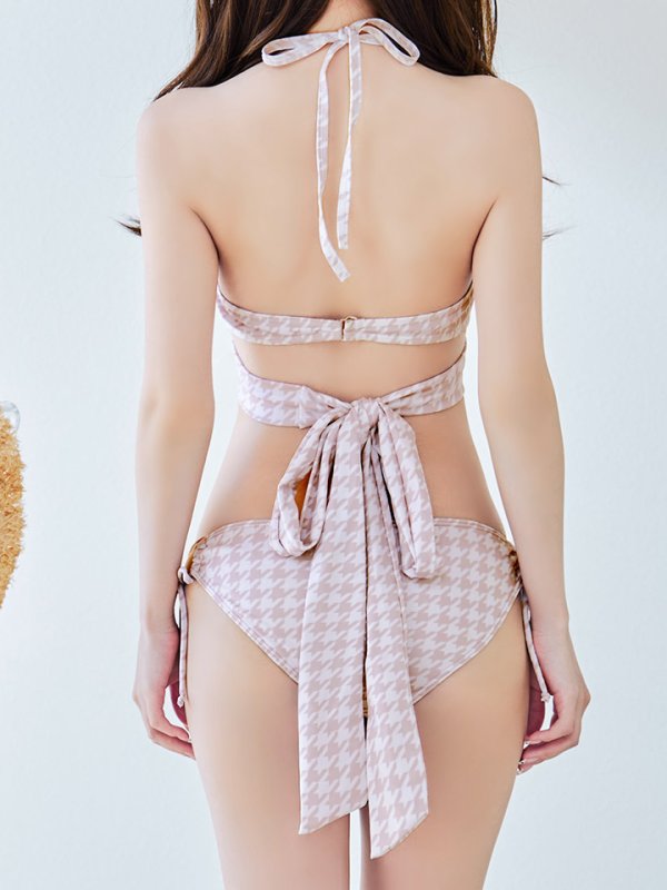 画像21: 【即日発送】【ビキニ】【水着】千鳥格子柄  バッククロスリボン クロスビキニ 2点セット[FB01]