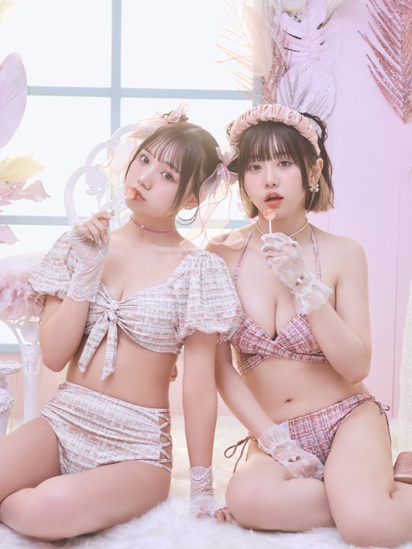 画像8: 【即日発送】【ビキニ】【水着】パフスリーブ 2way ツイードプリント ビキニ 2点セット[YMT]