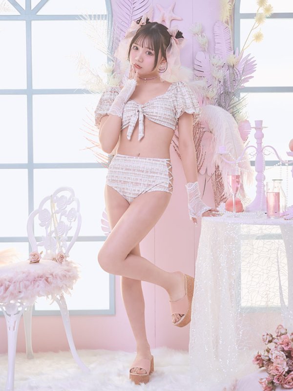 画像4: 【即日発送】【ビキニ】【水着】パフスリーブ 2way ツイードプリント ビキニ 2点セット[YMT]