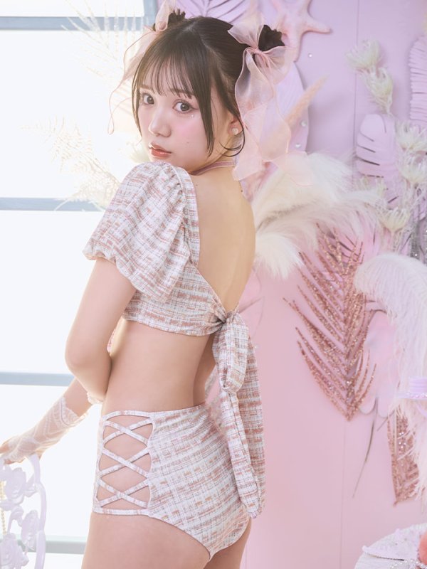 画像5: 【即日発送】【ビキニ】【水着】パフスリーブ 2way ツイードプリント ビキニ 2点セット[YMT]