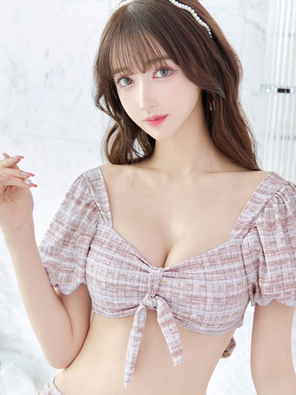 画像12: 【即日発送】【ビキニ】【水着】パフスリーブ 2way ツイードプリント ビキニ 2点セット[YMT]