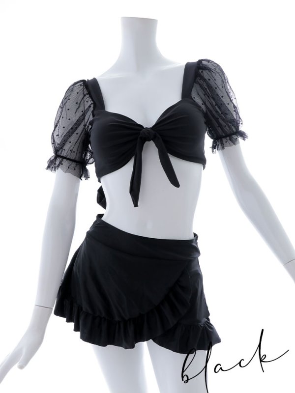 画像42: 【即日発送】【ビキニ】ドットシアースリーブスカート付きビキニ 3点セット【水着】[YMT]