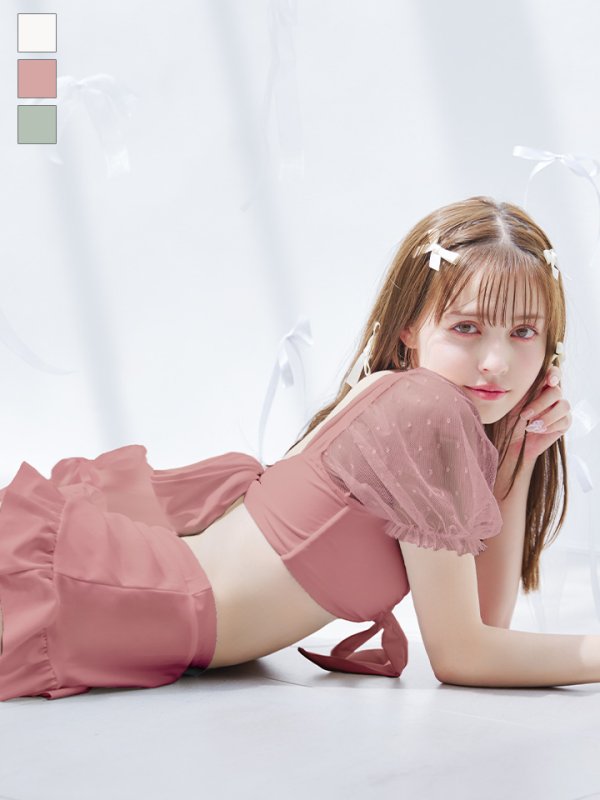 画像24: 【即日発送】【ビキニ】ドットシアースリーブスカート付きビキニ 3点セット【水着】[YMT]