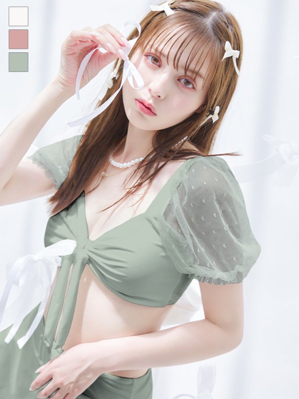 画像1: 【ノベルティ対象】【即日発送！】【ビキニ】ドットシアースリーブスカート付きビキニ 3点セット【水着】[YMT]