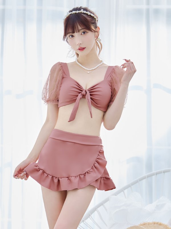 画像31: 【即日発送】【ビキニ】ドットシアースリーブスカート付きビキニ 3点セット【水着】[YMT]