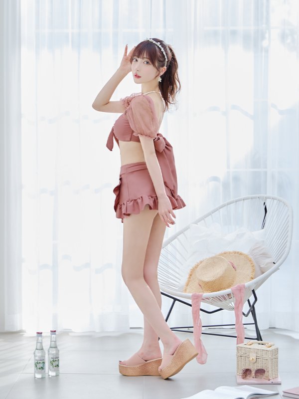 画像35: 【即日発送】【ビキニ】ドットシアースリーブスカート付きビキニ 3点セット【水着】[YMT]