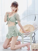 【ノベルティ対象】【即日発送！】【ビキニ】ドットシアースリーブスカート付きビキニ 3点セット【水着】[YMT]