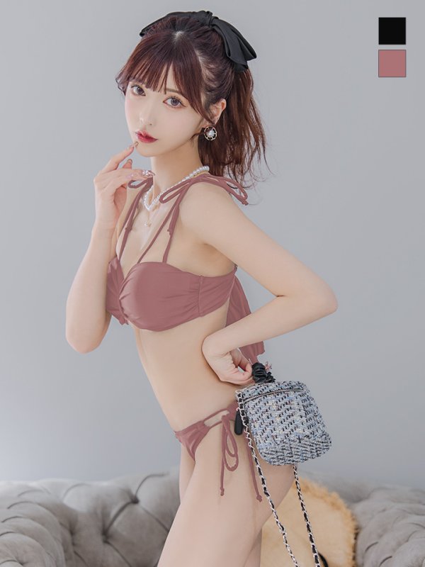 画像1: 【予約商品/6月下旬発送予定】【ビキニ】ショルダー紐リボンシンプルビキニ 2点セット【水着】[YMT]
