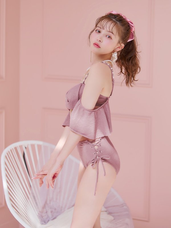 画像11: 【即日発送】【ビキニ】【水着】ハイウエストビッグラメリボン&ビジューキャミソールビキニ 2点セット[YMT]