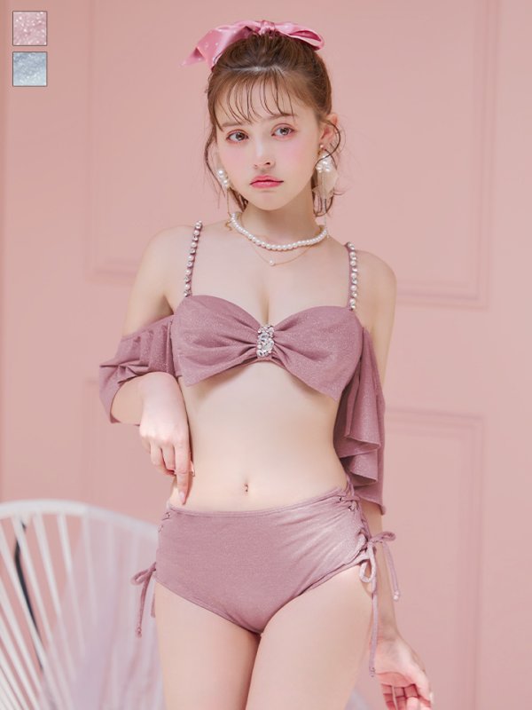 画像2: 【ビキニ】【水着】ハイウエストビッグラメリボン&ビジューキャミソールビキニ 2点セット【予約 / 7月中旬発送予定】[YMT]