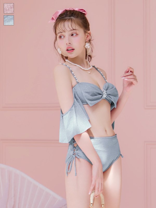 画像19: 【即日発送】【ビキニ】【水着】ハイウエストビッグラメリボン&ビジューキャミソールビキニ 2点セット[YMT]