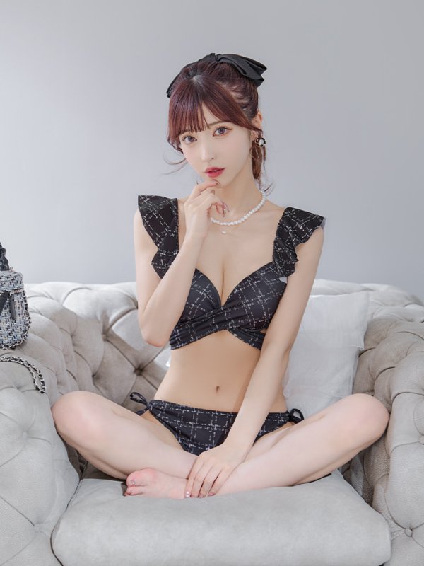 画像1: 【即日発送！】【ビキニ】バックリボン肩フリルツイード柄ビキニ 2点セット【水着】[YMT]