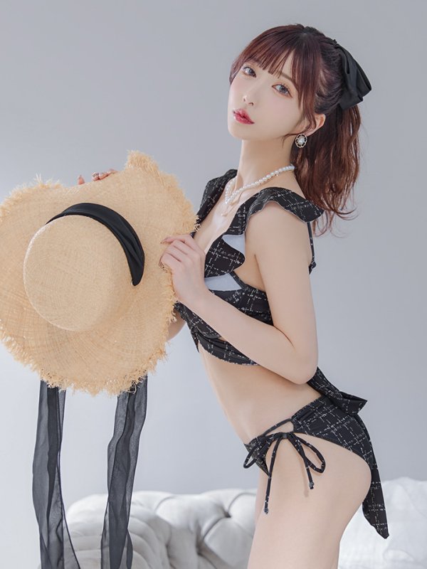 画像2: 【即日発送！】【ビキニ】バックリボン肩フリルツイード柄ビキニ 2点セット【水着】[YMT]