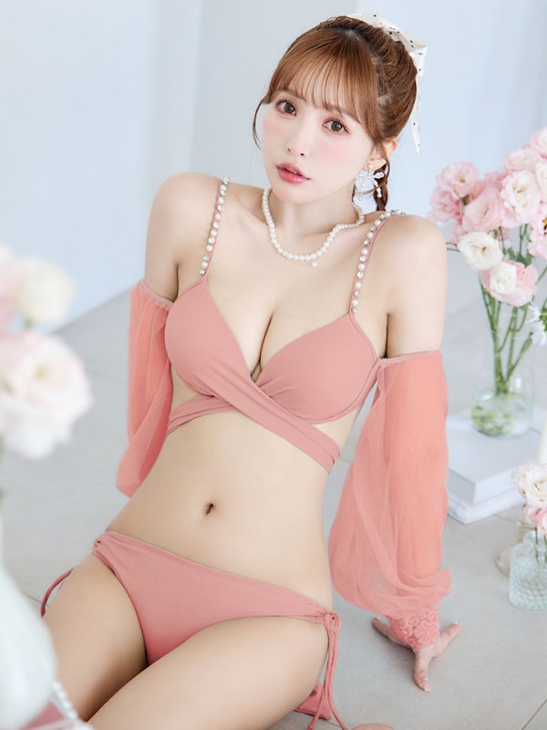 画像1: 【ノベルティ対象】【ビキニ】【水着】ふんわりシアー長袖ビキニ 2点セット[YMT]【一部予約 / 6月下旬発送予定】