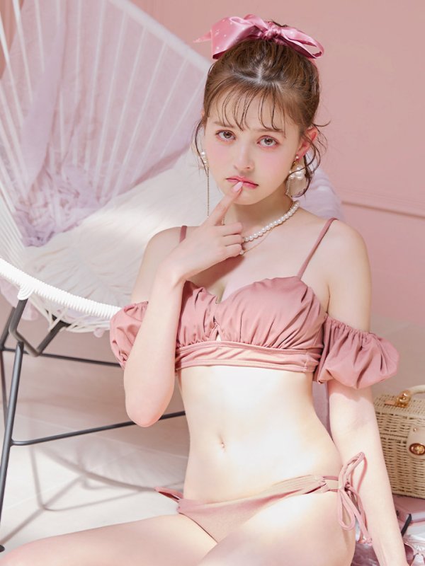 画像28: 【即日発送】【ビキニ】【水着】くしゅっとオフショル袖シンプルビキニ 2点セット[YMT]