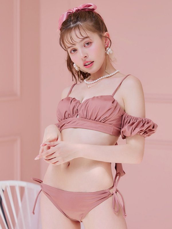 画像29: 【即日発送】【ビキニ】【水着】くしゅっとオフショル袖シンプルビキニ 2点セット[YMT]