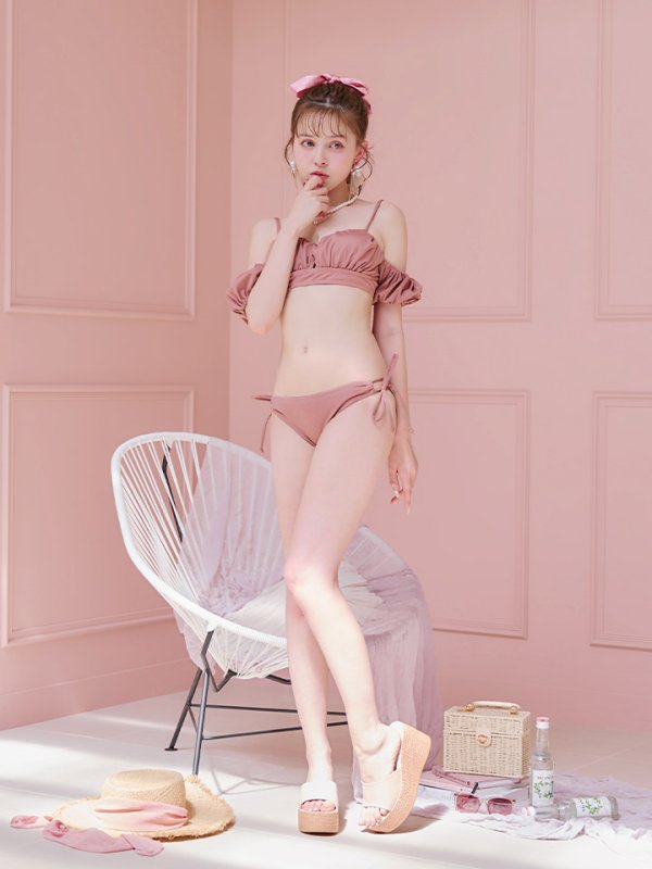 画像31: 【即日発送】【ビキニ】【水着】くしゅっとオフショル袖シンプルビキニ 2点セット[YMT]