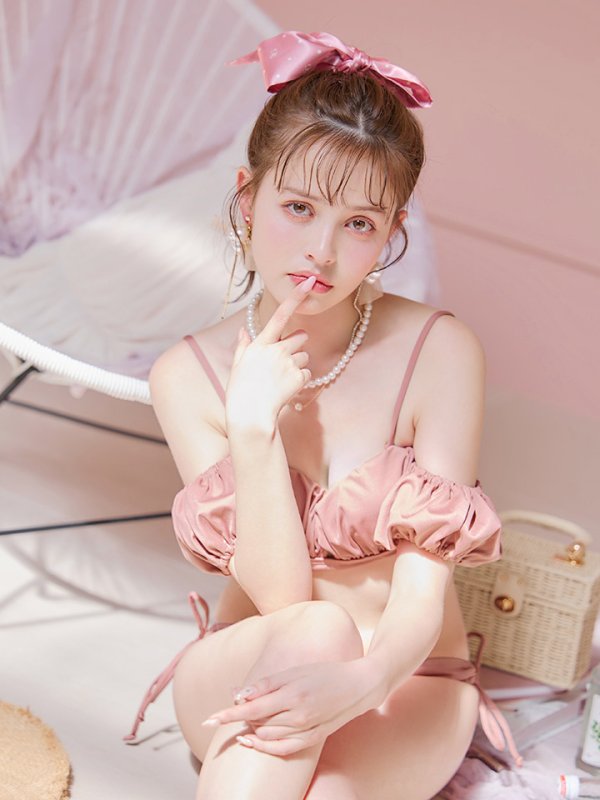 画像24: 【即日発送】【ビキニ】【水着】くしゅっとオフショル袖シンプルビキニ 2点セット[YMT]