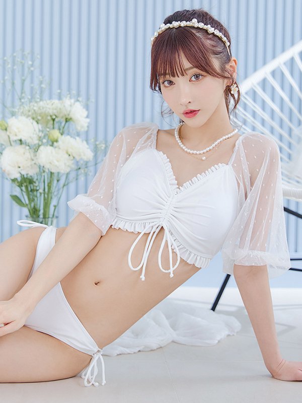 画像3: 【即日発送！】【ビキニ】【水着】ドットチュール袖バストフリルビキニ 3点セット[YMT]