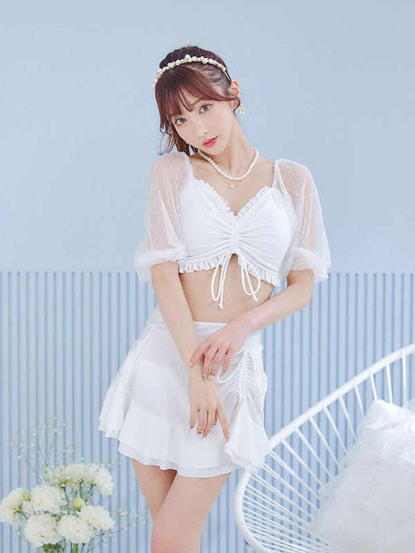 画像6: 【即日発送！】【ビキニ】【水着】ドットチュール袖バストフリルビキニ 3点セット[YMT]