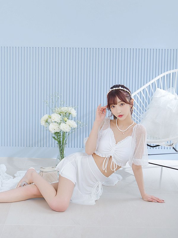 画像10: 【即日発送！】【ビキニ】【水着】ドットチュール袖バストフリルビキニ 3点セット[YMT]