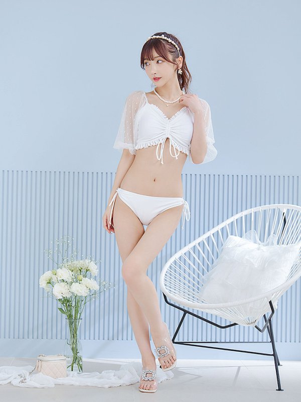 画像15: 【即日発送！】【ビキニ】【水着】ドットチュール袖バストフリルビキニ 3点セット[YMT]