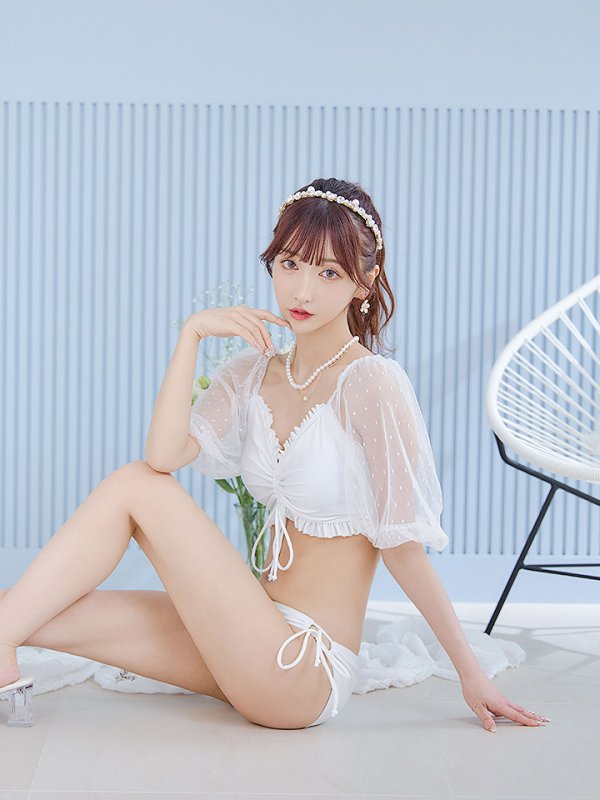 画像16: 【即日発送！】【ビキニ】【水着】ドットチュール袖バストフリルビキニ 3点セット[YMT]