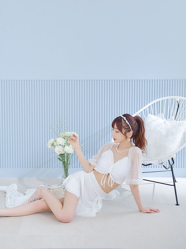 画像12: 【即日発送！】【ビキニ】【水着】ドットチュール袖バストフリルビキニ 3点セット[YMT]