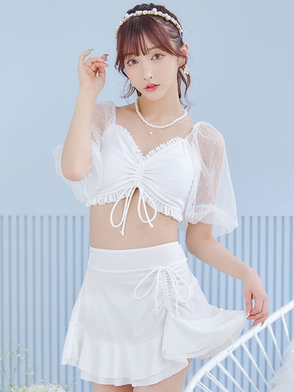 画像2: 【即日発送！】【ビキニ】【水着】ドットチュール袖バストフリルビキニ 3点セット[YMT]