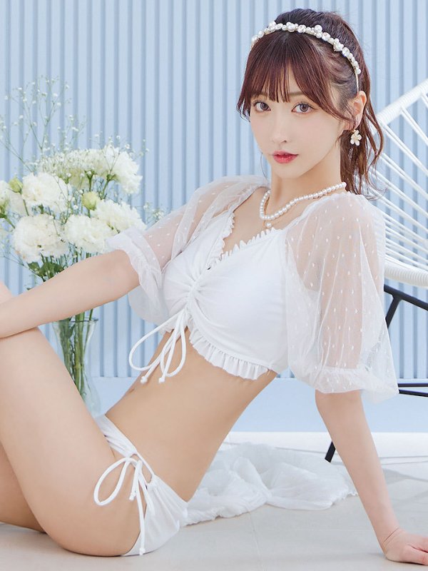 画像9: 【即日発送！】【ビキニ】【水着】ドットチュール袖バストフリルビキニ 3点セット[YMT]