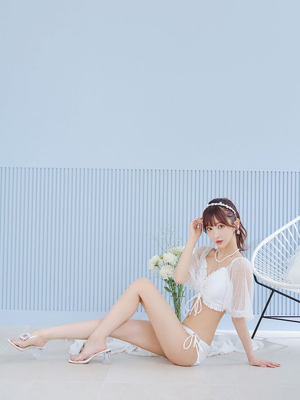 画像11: 【即日発送！】【ビキニ】【水着】ドットチュール袖バストフリルビキニ 3点セット[YMT]