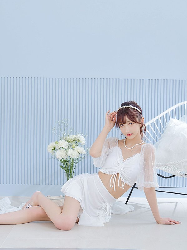 画像5: 【即日発送！】【ビキニ】【水着】ドットチュール袖バストフリルビキニ 3点セット[YMT]