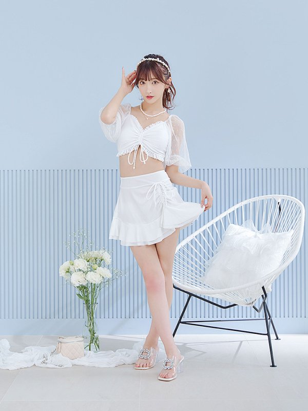 画像7: 【即日発送！】【ビキニ】【水着】ドットチュール袖バストフリルビキニ 3点セット[YMT]