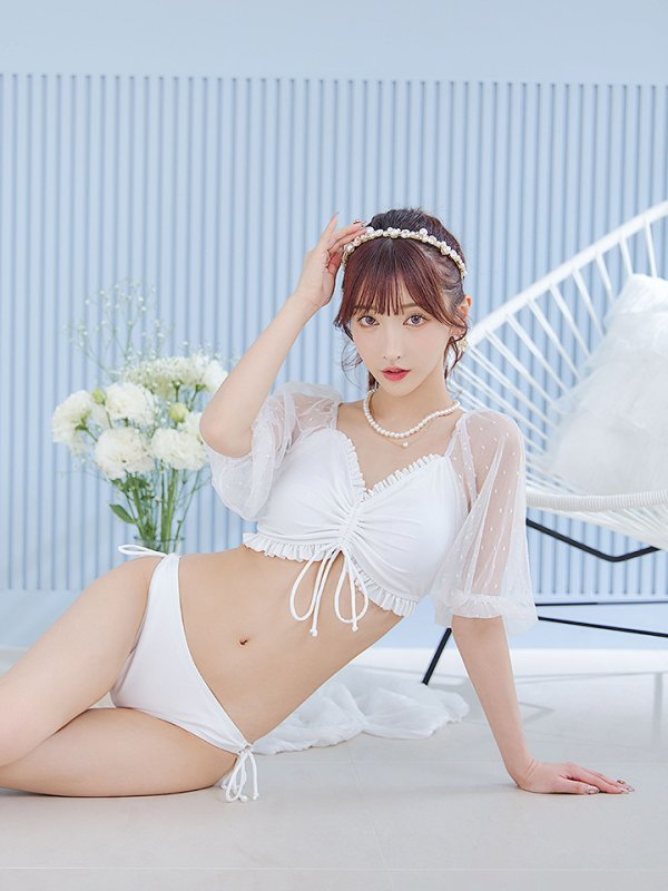 画像13: 【即日発送！】【ビキニ】【水着】ドットチュール袖バストフリルビキニ 3点セット[YMT]