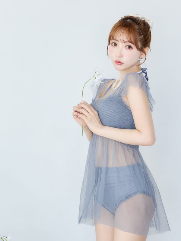 画像13: 【即日発送】【ビキニ】【水着】シアーチュニック付きハイウエストビキニ 3点セット[YMT]