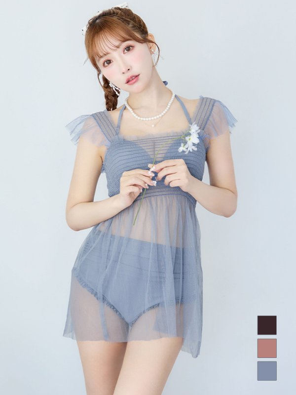 画像5: 【即日発送】【ビキニ】【水着】シアーチュニック付きハイウエストビキニ 3点セット[YMT]