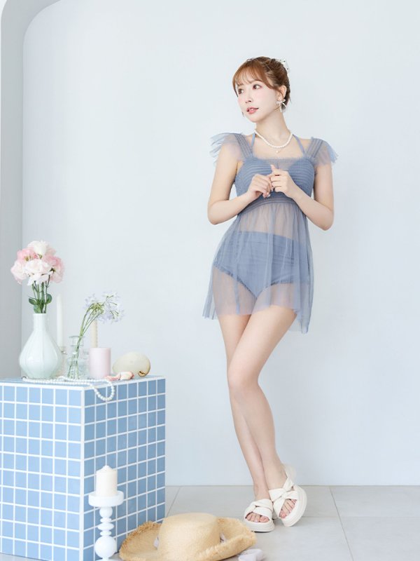 画像11: 【即日発送】【ビキニ】【水着】シアーチュニック付きハイウエストビキニ 3点セット[YMT]