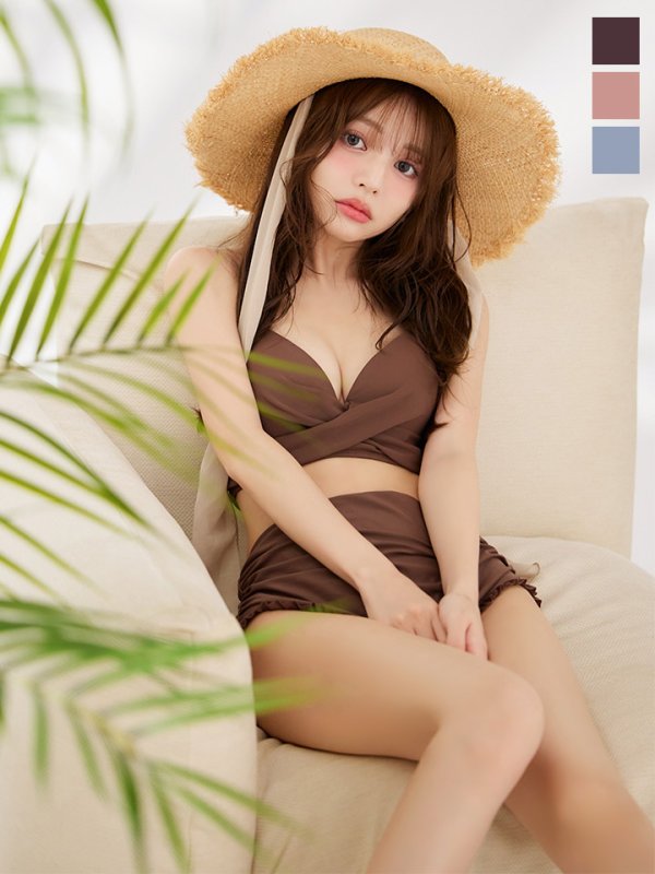 画像1: 【予約商品/7月上旬発送予定】【ビキニ】【水着】シアーチュニック付きハイウエストビキニ 3点セット[YMT]