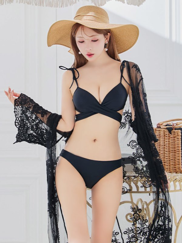 画像8: 【即日発送】【ビキニ】【水着】バッククロスリボンワンカラービキニ 2点セット [YMT]