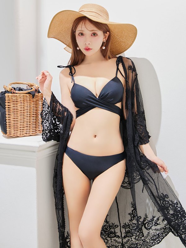 画像3: 【即日発送】【ビキニ】【水着】バッククロスリボンワンカラービキニ 2点セット [YMT]