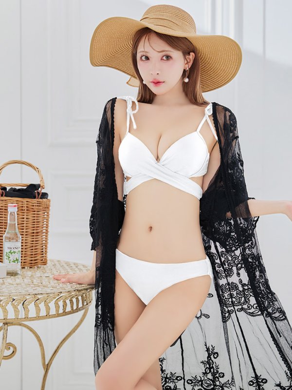画像2: 【予約 / 6月中旬発送予定】【ビキニ】【水着】バッククロスリボンワンカラービキニ 2点セット [YMT]