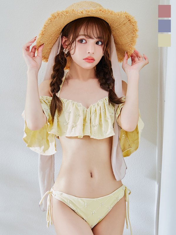 画像1: 【予約 / 6月下旬発送予定】【ビキニ】【水着】ビジューオフショルダーフリルビキニ 2点セット[YMT]