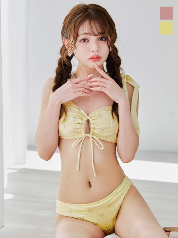画像1: 【予約 / 6月下旬発送予定】【ビキニ】【水着】 ビジューギャザーフロントリボンビキニ ビキニ 2点セット[YMT]