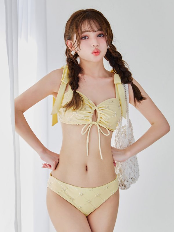 画像14: 【即日発送】【ビキニ】【水着】 ビジューギャザーフロントリボンビキニ ビキニ 2点セット[YMT]