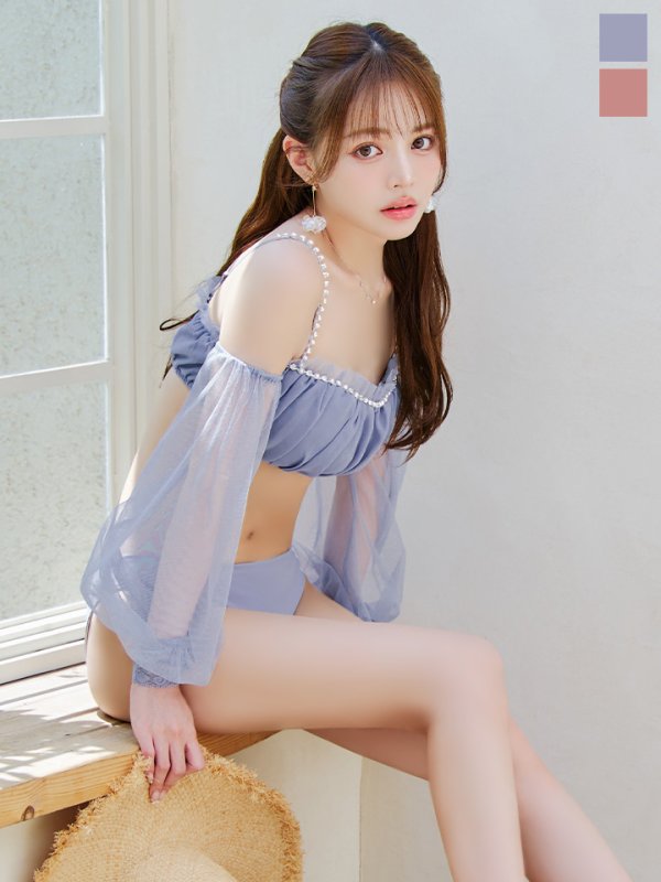画像1: 【予約 / 6月下旬発送予定】【ビキニ】【水着】オフショルダーシアースリーブビキニ [YMT]
